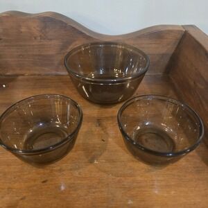 3 Brown Amber Glass Anchor Hocking Ovenware Mixing Nesting Bowls 1, 1, 2.5qt